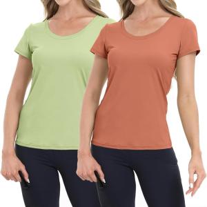 imageBIG ELEPHANT Womens 2 Pack Short Sleeve Pajama Shirts Sleep Tops Crew Neck Lounge TShirts for Women Home and CasualCaramel Orange and Matcha Green