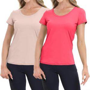 imageBIG ELEPHANT Womens 2 Pack Short Sleeve Pajama Shirts Sleep Tops Crew Neck Lounge TShirts for Women Home and CasualPink and Cherry Blossom Pink