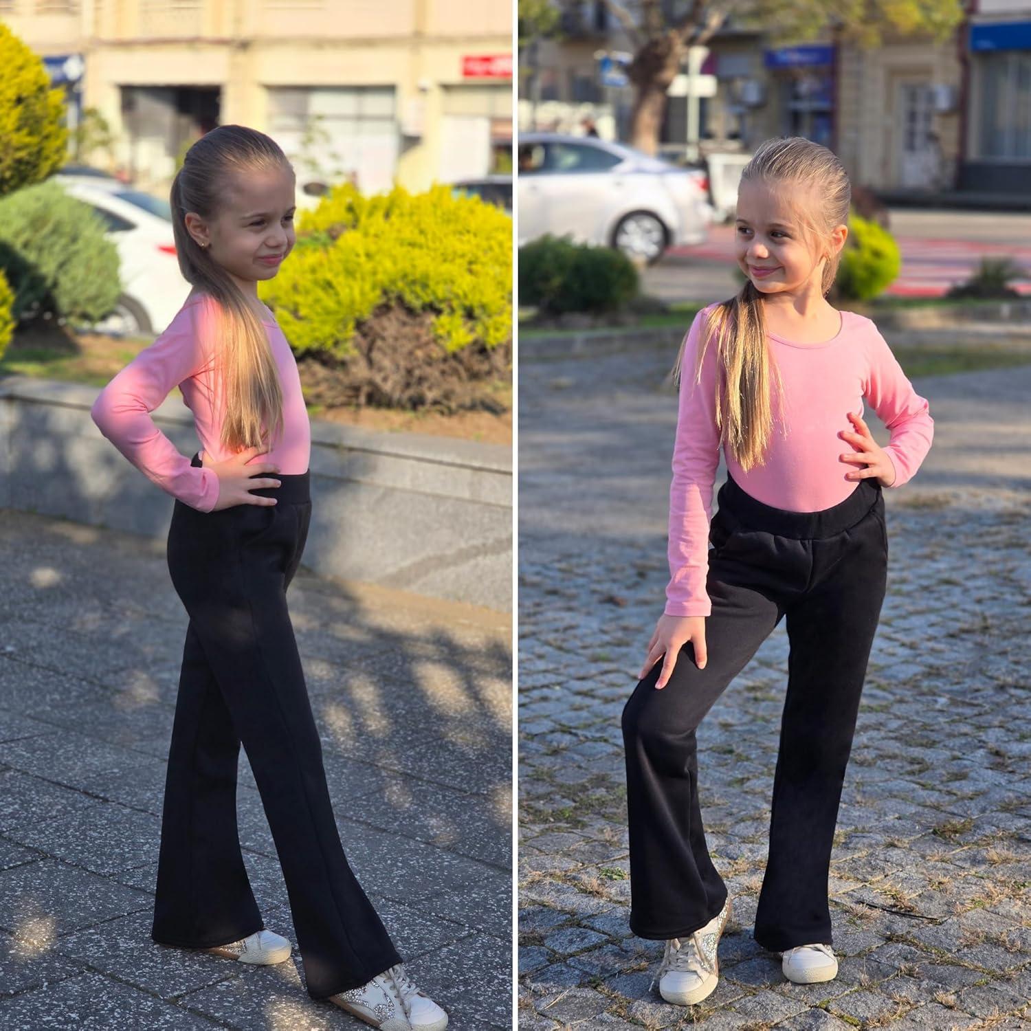 imageBIG ELEPHANT Girls Fleece Flared Dress Pants  Soft Bell Bottom Uniform Pants with Pockets for School or Daily WearBlack