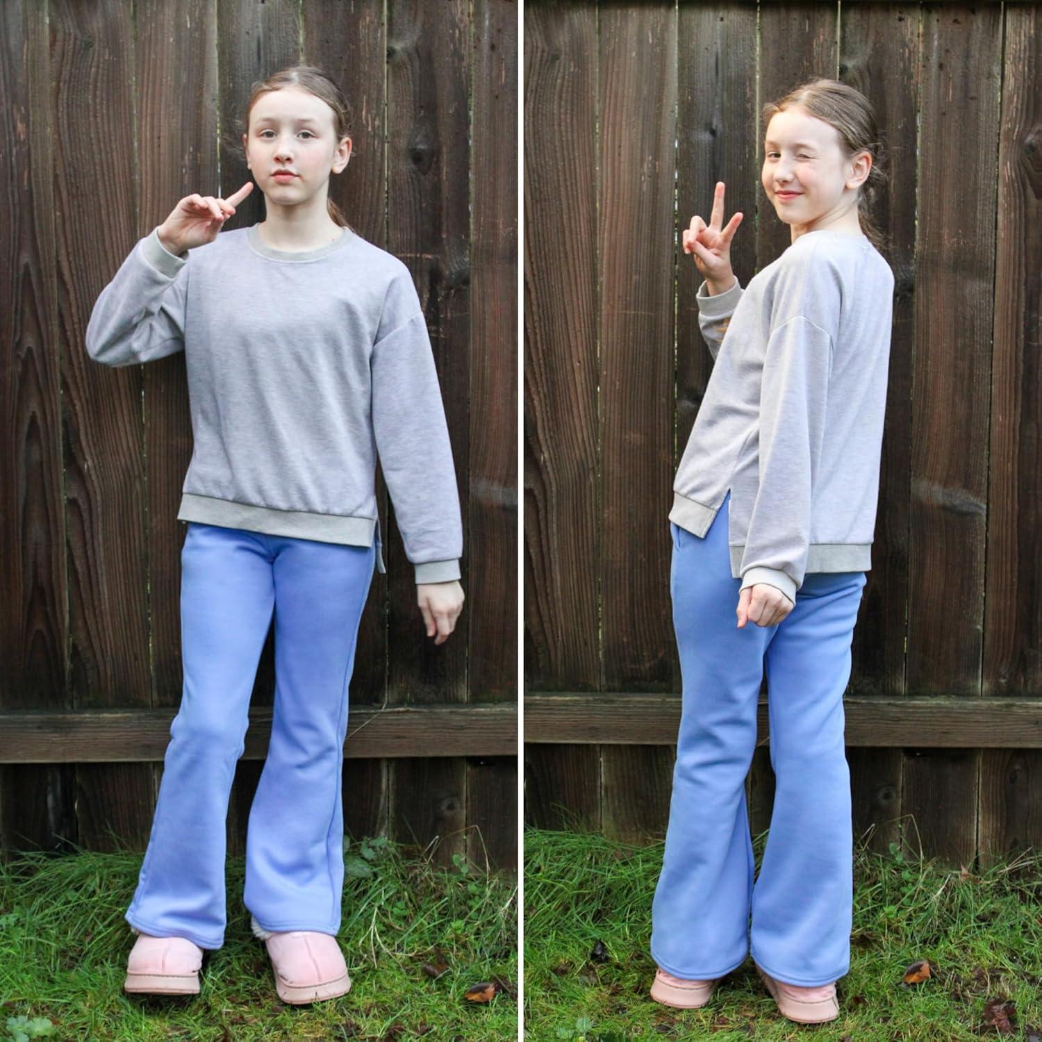 imageBIG ELEPHANT Girls Fleece Flared Dress Pants  Soft Bell Bottom Uniform Pants with Pockets for School or Daily WearLight Blue