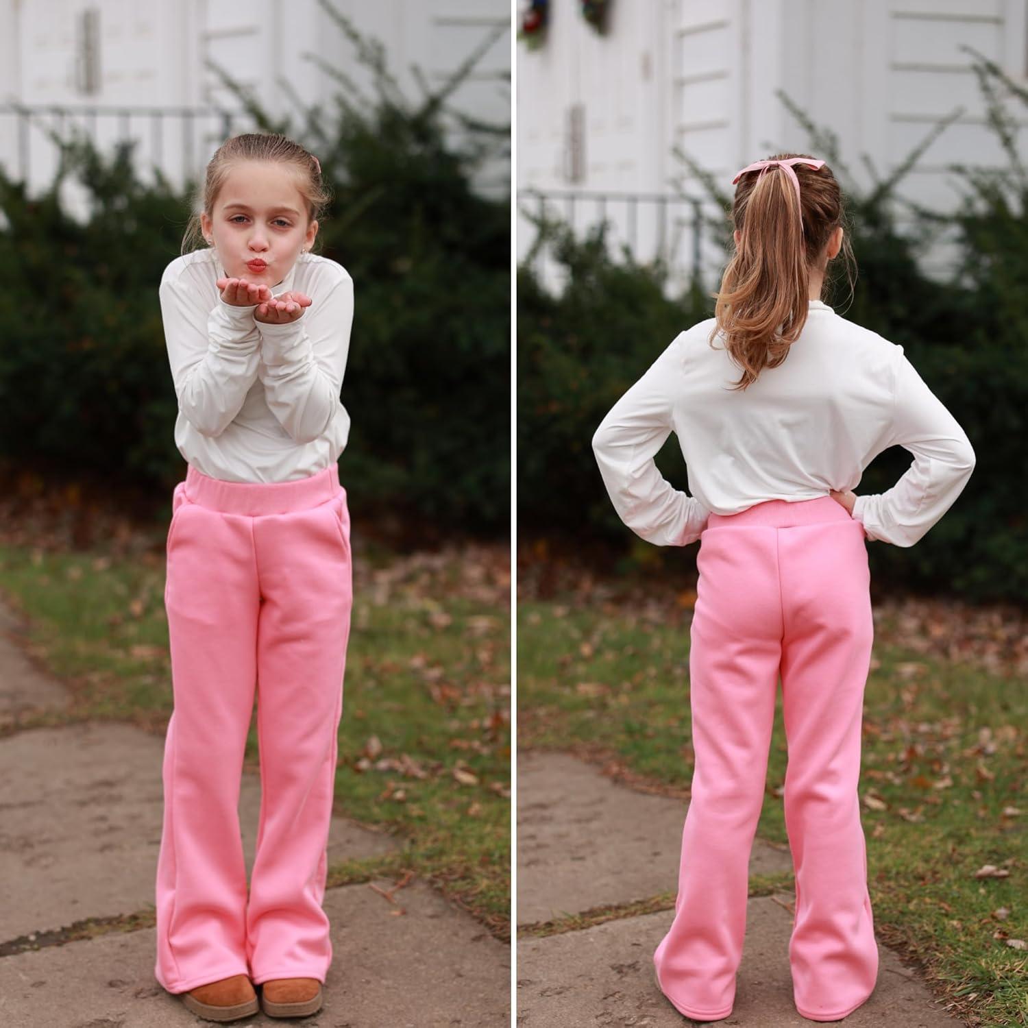 imageBIG ELEPHANT Girls Fleece Flared Dress Pants  Soft Bell Bottom Uniform Pants with Pockets for School or Daily WearPink