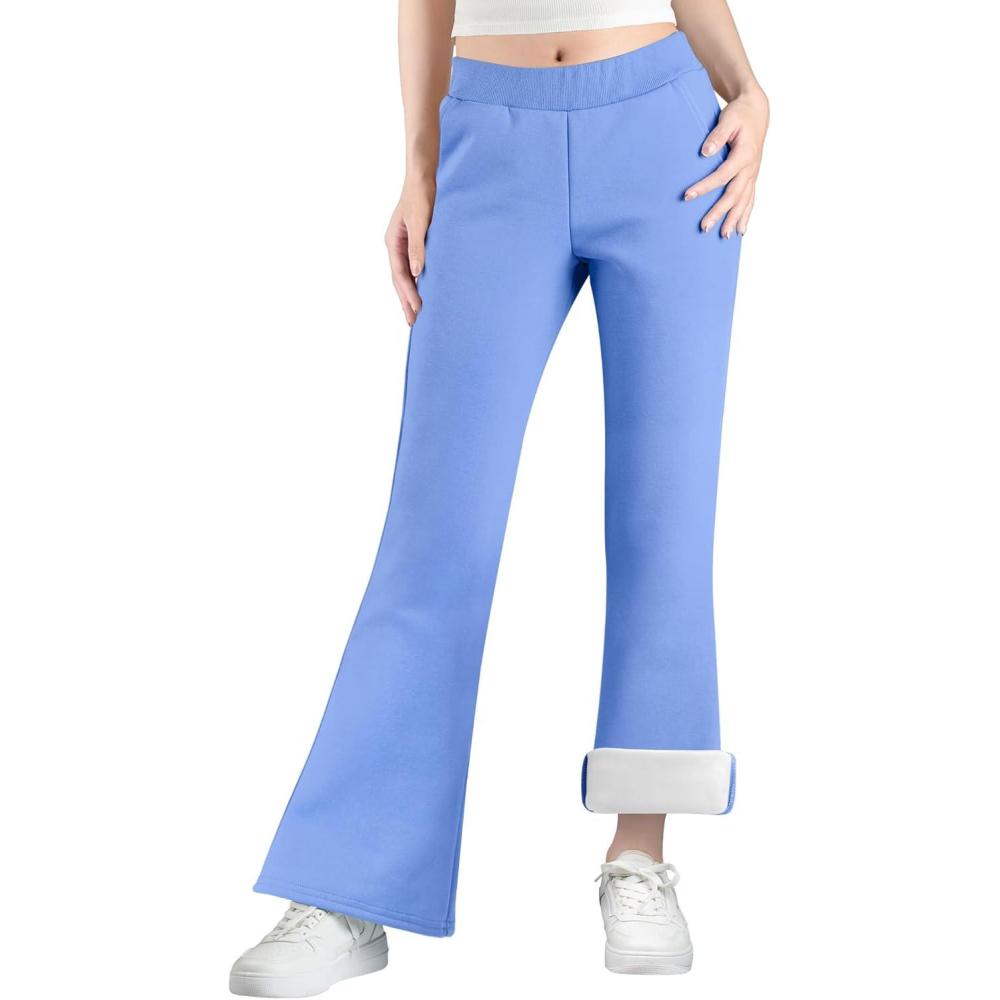 imageBIG ELEPHANT Girls Fleece Flared Dress Pants  Soft Bell Bottom Uniform Pants with Pockets for School or Daily WearLight Blue