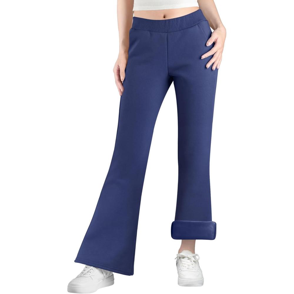 imageBIG ELEPHANT Girls Fleece Flared Dress Pants  Soft Bell Bottom Uniform Pants with Pockets for School or Daily WearNavy Blue