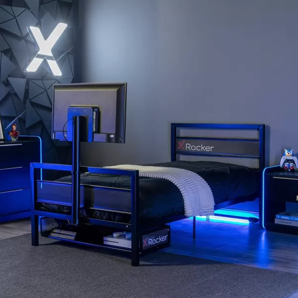 X Rocker Basecamp Gaming Bed, Rotating TV Mount with Vented Console Storage, Metal Mesh Frame, 2111101, 80.63" x 41.3" x 42.8", Twin Size, Black