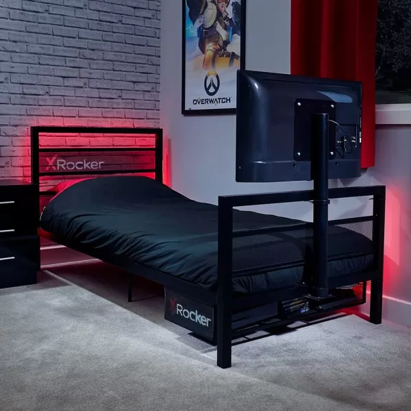 X Rocker Basecamp Gaming Bed, Rotating TV Mount with Vented Console Storage, Metal Mesh Frame, 2111101, 80.63" x 41.3" x 42.8", Twin Size, Black