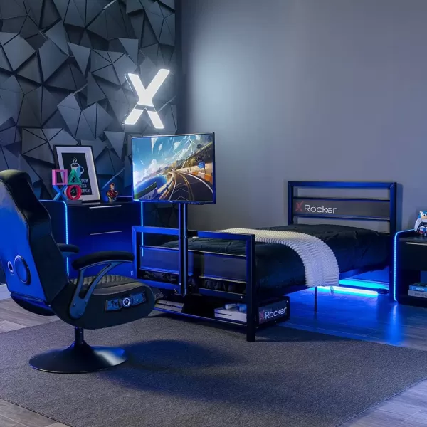 X Rocker Basecamp Gaming Bed, Rotating TV Mount with Vented Console Storage, Metal Mesh Frame, 2111101, 80.63" x 41.3" x 42.8", Twin Size, Black