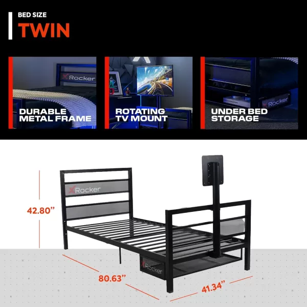 X Rocker Basecamp Gaming Bed, Rotating TV Mount with Vented Console Storage, Metal Mesh Frame, 2111101, 80.63" x 41.3" x 42.8", Twin Size, Black