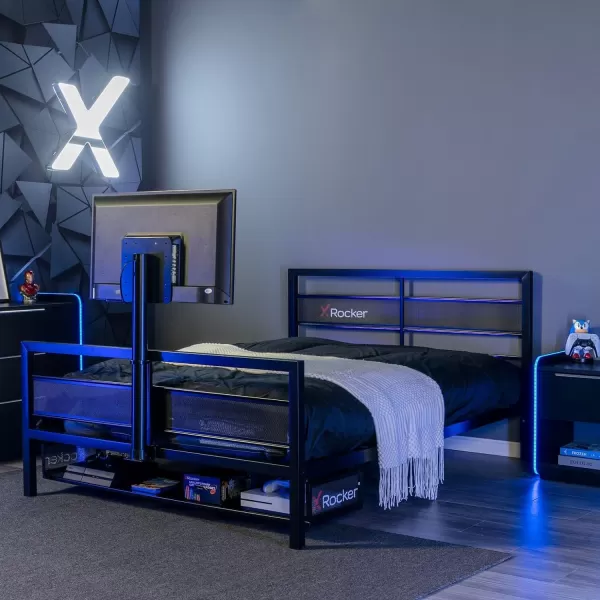 X Rocker Basecamp Gaming Bed, Rotating TV Mount with Vented Console Storage, Metal Mesh Frame, 2111101, 80.63" x 41.3" x 42.8", Twin Size, Black