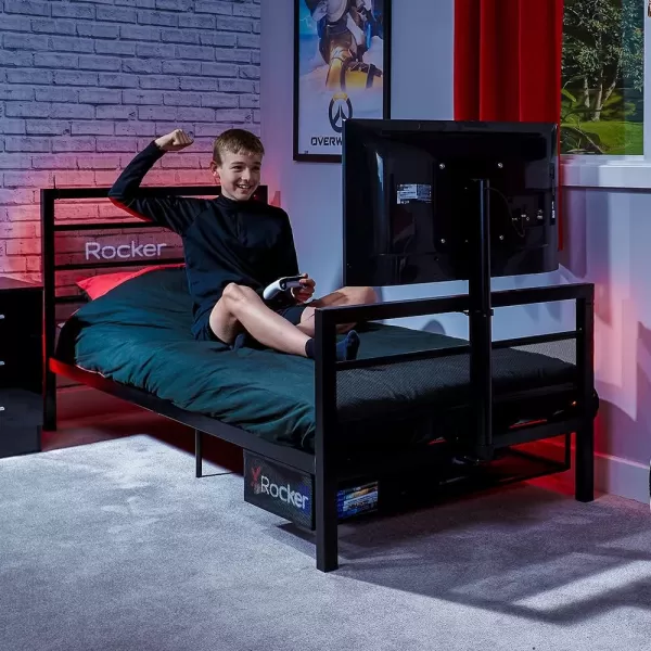 X Rocker Basecamp Gaming Bed, Rotating TV Mount with Vented Console Storage, Metal Mesh Frame, 2111101, 80.63" x 41.3" x 42.8", Twin Size, Black