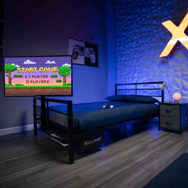 X Rocker Basecamp Gaming Bed, Rotating TV Mount with Vented Console Storage, Metal Mesh Frame, 2111101, 80.63" x 41.3" x 42.8", Twin Size, Black
