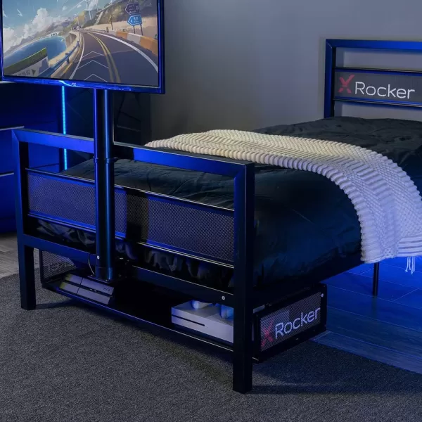 X Rocker Basecamp Gaming Bed, Rotating TV Mount with Vented Console Storage, Metal Mesh Frame, 2111101, 80.63" x 41.3" x 42.8", Twin Size, Black
