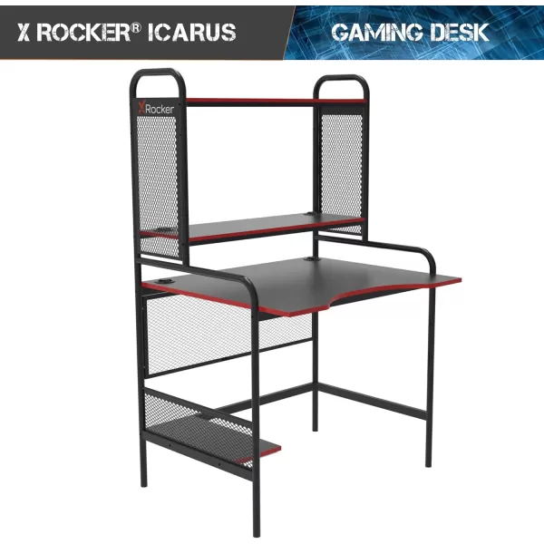 X Rocker Icarus Gaming Desk, with 2 Cable Management Port Holes, Shelf, Steel Frame, 0724401, 35.4" x 29.1" x 57.5", Black