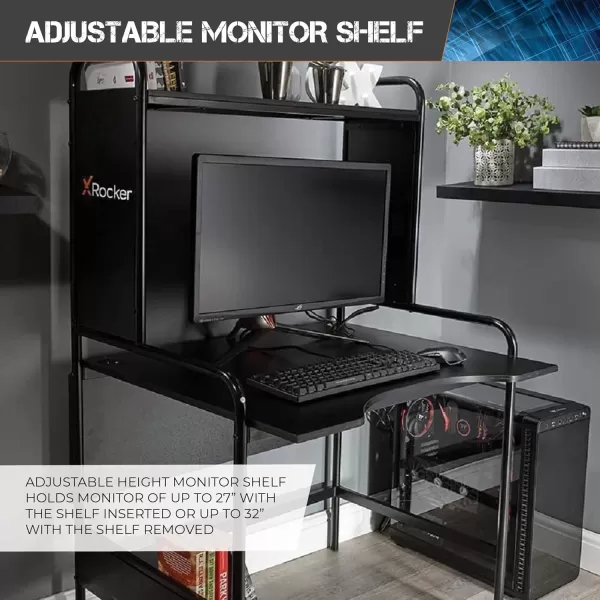 X Rocker Icarus Gaming Desk, with 2 Cable Management Port Holes, Shelf, Steel Frame, 0724401, 35.4" x 29.1" x 57.5", Black
