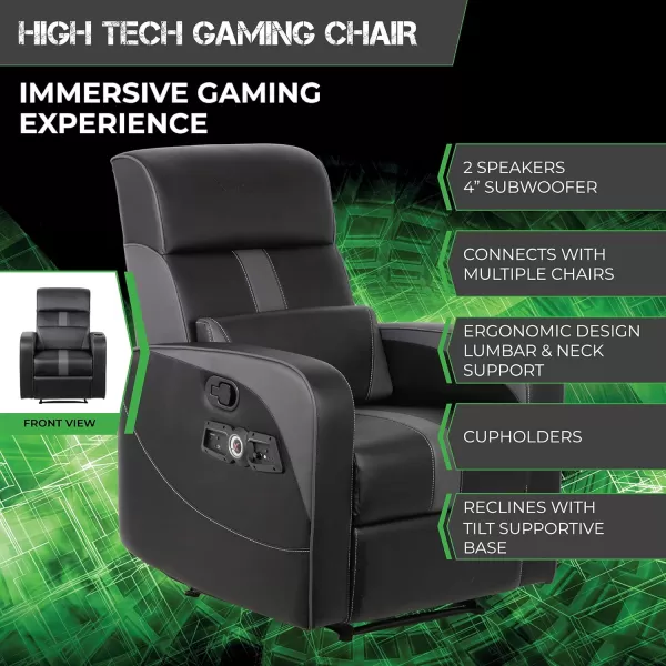 X Rocker Gamma Recliner Gaming Chair, 2.1 Bluetooth Audio System, Headrest Mounted Speakers, Built-in Footrest and Cupholder, 718001, 34.84" x 39.37" x 30.31", Black