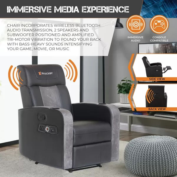 X Rocker Gamma Recliner Gaming Chair, 2.1 Bluetooth Audio System, Headrest Mounted Speakers, Built-in Footrest and Cupholder, 718001, 34.84" x 39.37" x 30.31", Black