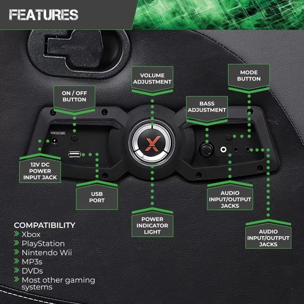 X Rocker Gamma Recliner Gaming Chair, 2.1 Bluetooth Audio System, Headrest Mounted Speakers, Built-in Footrest and Cupholder, 718001, 34.84" x 39.37" x 30.31", Black