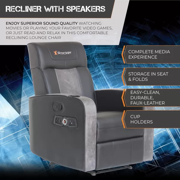 X Rocker Gamma Recliner Gaming Chair, 2.1 Bluetooth Audio System, Headrest Mounted Speakers, Built-in Footrest and Cupholder, 718001, 34.84" x 39.37" x 30.31", Black