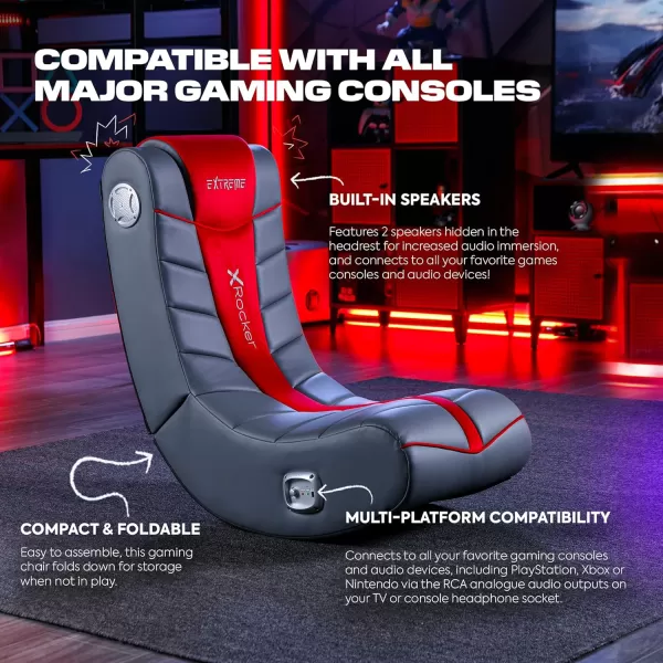 X Rocker Extreme III 2.0 Gaming Chair, Audio System with 2 Built-In Speakers, Lumbar and Neck Support, 5149101, 26" x 17.5" x 17", Grey and Red