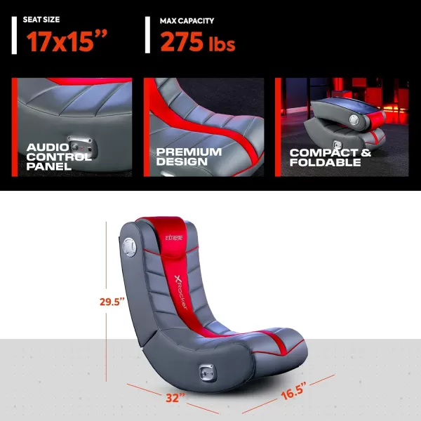 X Rocker Extreme III 2.0 Gaming Chair, Audio System with 2 Built-In Speakers, Lumbar and Neck Support, 5149101, 26" x 17.5" x 17", Grey and Red
