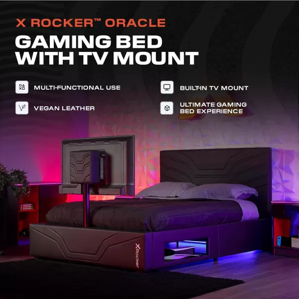 X Rocker Oracle Gaming Bed with TV Mount, Vegan Leather and Durable Metal Frame, 7000401, 82.3" x 41.3" x 42.5", Twin, Black