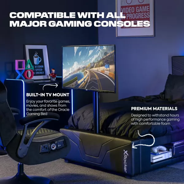 X Rocker Oracle Gaming Bed with TV Mount, Vegan Leather and Durable Metal Frame, 7000401, 82.3" x 41.3" x 42.5", Twin, Black