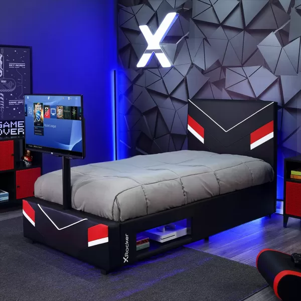 X Rocker Orion eSports Gaming Bed Frame, with TV Mount, Black Faux Leather, Durable Metal Frame, Padded Headboard, 2113501, 82.28" x 41.34" x 42.52", Twin Size
