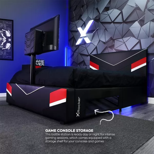 X Rocker Orion eSports Gaming Bed Frame, with TV Mount, Black Faux Leather, Durable Metal Frame, Padded Headboard, 2113501, 82.28" x 41.34" x 42.52", Twin Size