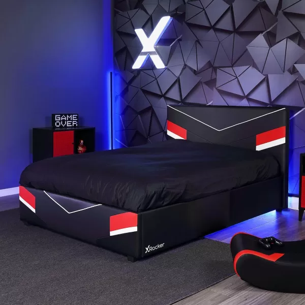 X Rocker Orion eSports Gaming Bed Frame, with TV Mount, Black Faux Leather, Durable Metal Frame, Padded Headboard, 2113501, 82.28" x 41.34" x 42.52", Twin Size