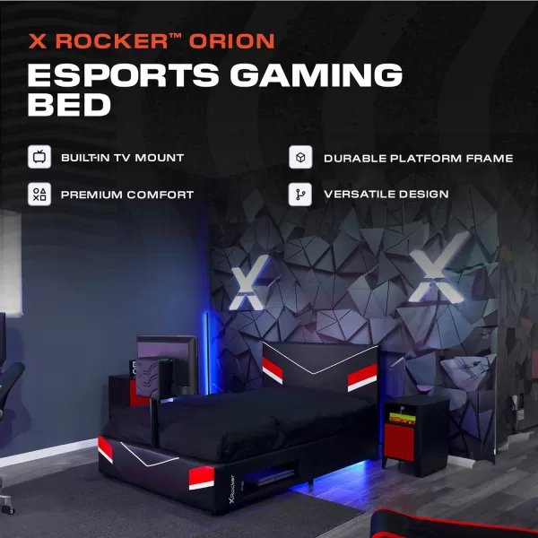 X Rocker Orion eSports Gaming Bed Frame, with TV Mount, Black Faux Leather, Durable Metal Frame, Padded Headboard, 2113501, 82.28" x 41.34" x 42.52", Twin Size