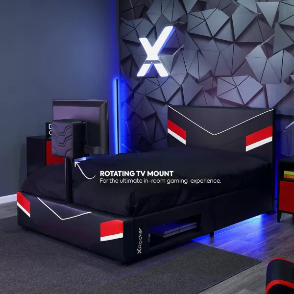 X Rocker Orion eSports Gaming Bed Frame, with TV Mount, Black Faux Leather, Durable Metal Frame, Padded Headboard, 2113501, 82.28" x 41.34" x 42.52", Twin Size