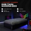 imageX Rocker Cosmos RGB LED Twin Size Platform Gaming Bed Frame Hardwood Slat Support Vegan Leather Upholstered Headboard Black