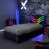 imageX Rocker Cosmos RGB LED Twin Size Platform Gaming Bed Frame Hardwood Slat Support Vegan Leather Upholstered Headboard Black
