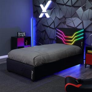 imageX Rocker Cosmos RGB LED Twin Size Platform Gaming Bed Frame Hardwood Slat Support Vegan Leather Upholstered Headboard Black