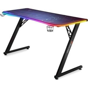 imageX Rocker XL Gaming Desk 55 Inch PC Computer Gamer Desk with RGB LED Dynamic Lighting Large Surface Builtin Headset and Cup Holder Pulsar Black
