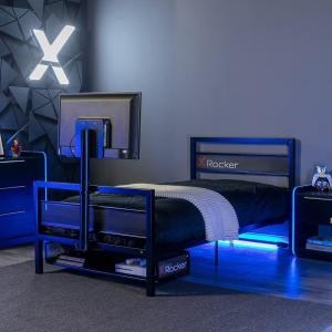 image:imageX Rocker Basecamp Full Size Gaming Bed Rotating TV Mount with Vented Console Storage Metal Mesh Frame with Slats Amazon Exclusive BlackBlack
