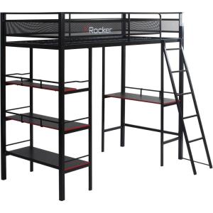image:imageX Rocker Gaming Bed Twin Size Loft Bunk Durable Black Metal Frame Builtin Shelving for PC Computer Video Gamer Bedroom for Teen Boys GirlsFortress
