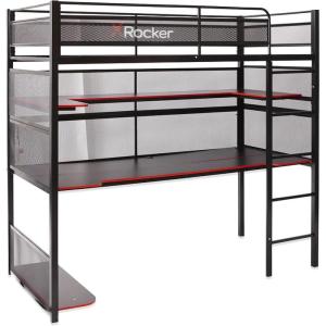image:imageX Rocker Gaming Bed Twin Size Loft Bunk Durable Black Metal Frame Builtin Shelving for PC Computer Video Gamer Bedroom for Teen Boys GirlsBattleBunk