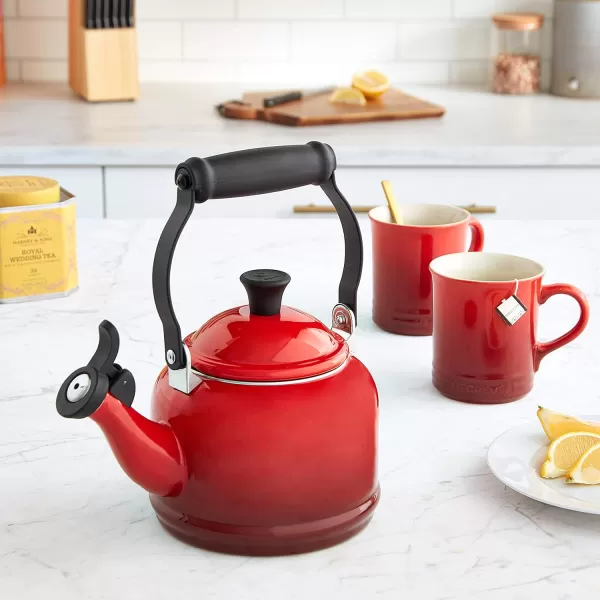 Le Creuset Enamel On Steel Demi Kettle &amp; Stoneware Set of 2 Mugs, 1.25 qt. Kettle &amp;  14 oz. Mugs, Licorice