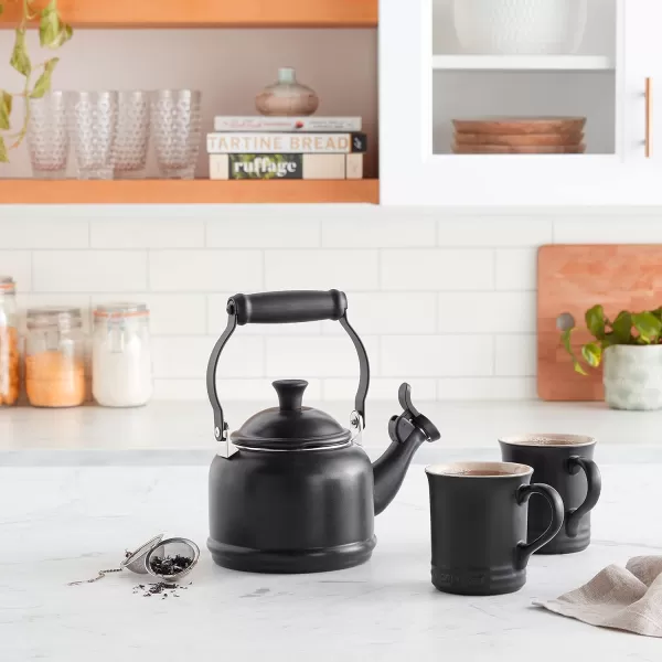 Le Creuset Enamel On Steel Demi Kettle &amp; Stoneware Set of 2 Mugs, 1.25 qt. Kettle &amp;  14 oz. Mugs, Licorice