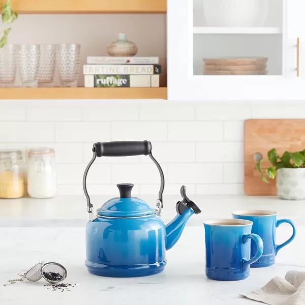 Le Creuset Enamel On Steel Demi Kettle &amp; Stoneware Set of 2 Mugs, 1.25 qt. Kettle &amp;  14 oz. Mugs, Licorice