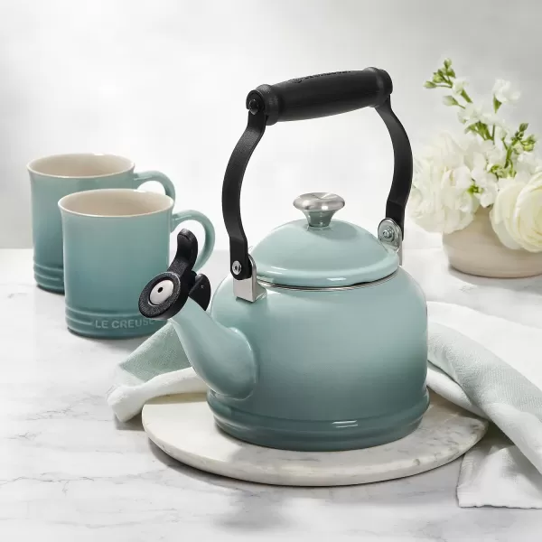 Le Creuset Enamel On Steel Demi Kettle with Metal Finishes &amp; Stoneware Set of 2 Mugs, 1.25 qt. Kettle &amp;  14 oz. Mugs, Cerise