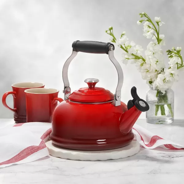 Le Creuset Enamel On Steel Whistling Tea Kettle with Metal Finishes, 1.7 qt., Meringue