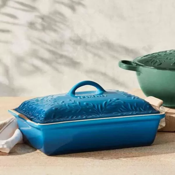 Le Creuset Olive Branch Collection Stoneware Heritage Covered Rectangular Casserole, 4 qt., Marseille with Embossed Lid