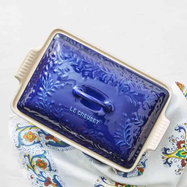 Le Creuset Olive Branch Collection Stoneware Heritage Covered Rectangular Casserole, 4 qt., Marseille with Embossed Lid