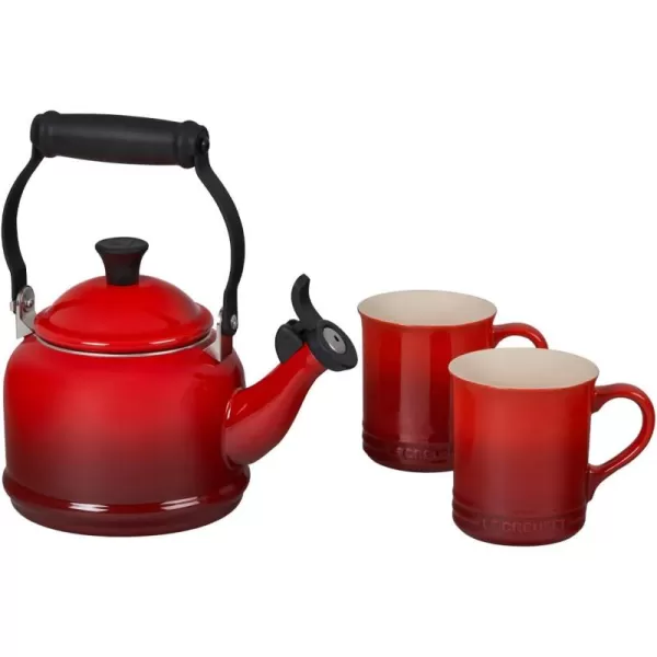 Le Creuset Enamel On Steel Demi Kettle &amp; Stoneware Set of 2 Mugs, 1.25 qt. Kettle &amp;  14 oz. Mugs, Licorice