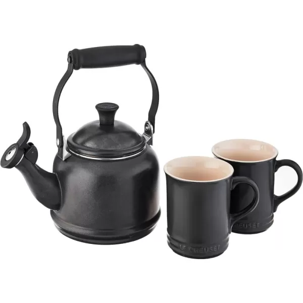 Le Creuset Enamel On Steel Demi Kettle &amp; Stoneware Set of 2 Mugs, 1.25 qt. Kettle &amp;  14 oz. Mugs, Licorice