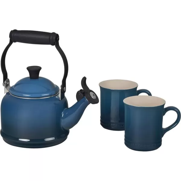 Le Creuset Enamel On Steel Demi Kettle &amp; Stoneware Set of 2 Mugs, 1.25 qt. Kettle &amp;  14 oz. Mugs, Licorice
