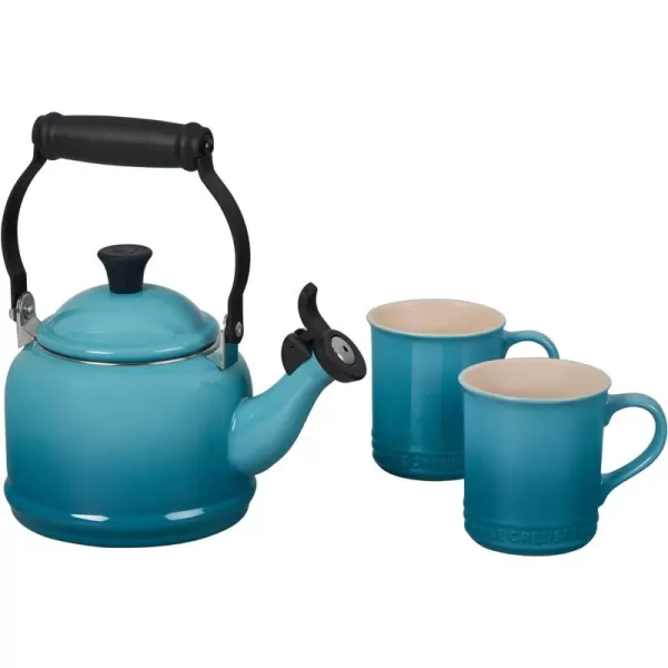 Le Creuset Enamel On Steel Demi Kettle &amp; Stoneware Set of 2 Mugs, 1.25 qt. Kettle &amp;  14 oz. Mugs, Licorice