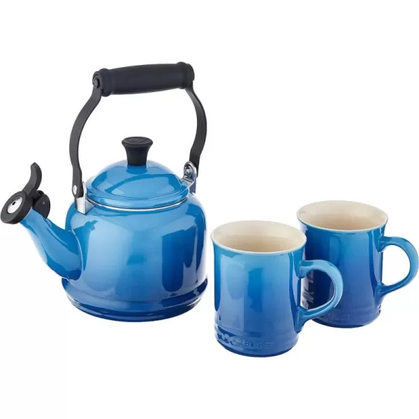 Le Creuset Enamel On Steel Demi Kettle &amp; Stoneware Set of 2 Mugs, 1.25 qt. Kettle &amp;  14 oz. Mugs, Licorice