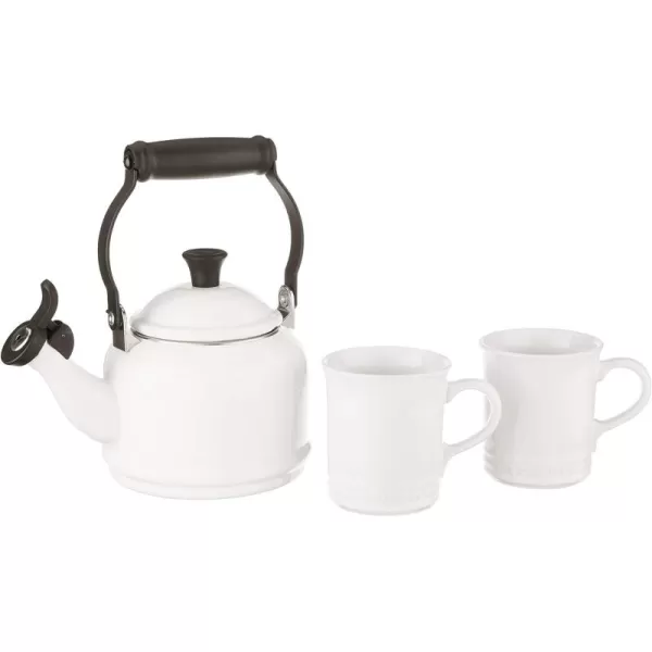 Le Creuset Enamel On Steel Demi Kettle &amp; Stoneware Set of 2 Mugs, 1.25 qt. Kettle &amp;  14 oz. Mugs, Licorice